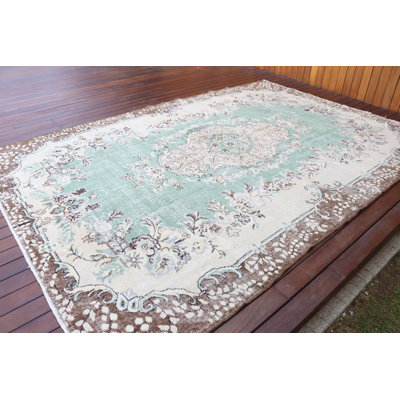 Handwoven Mint Floral Turkish Rug in Vintage Style for Living and Dining Rooms