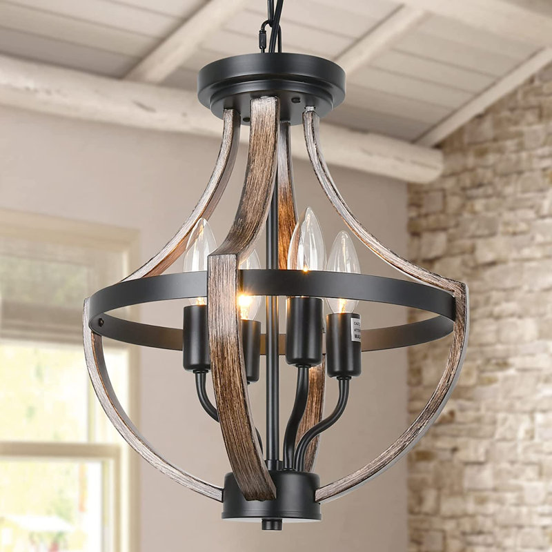 Lustre lanterne suspendu à 4 lumières à intensité variable Kimyada , Noir / bois