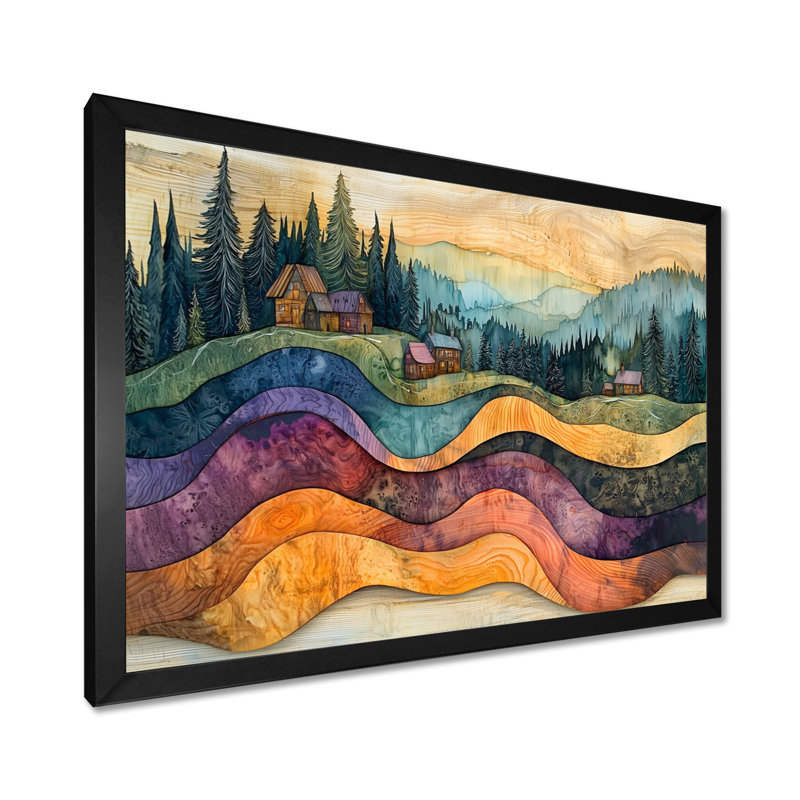 «Native Indian Village In A Forest Landscape I», art mural forêt, H 16 po x l 32 po, Picture Framed, Noir