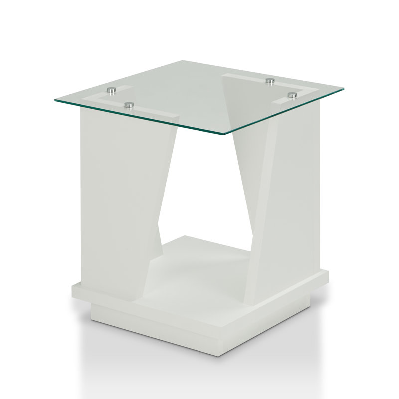 Glass Top Floor Shelf End Table, White