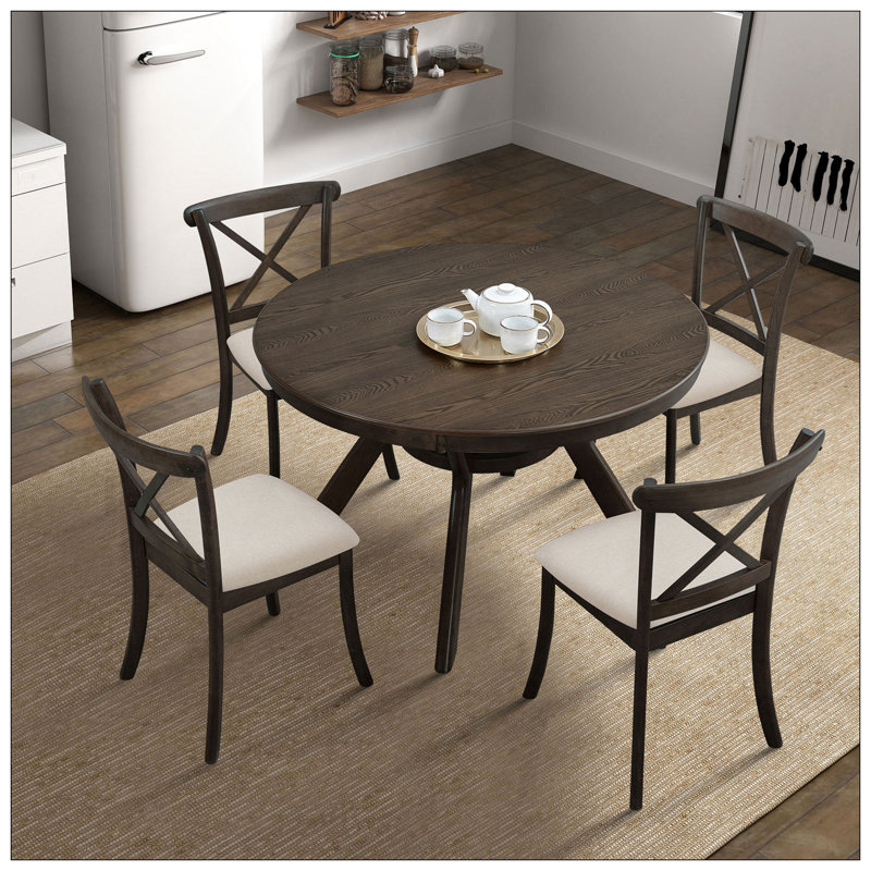 47.24''Round Rubber Wood Dining Table For 4-6 With Wooden Trestle Pedestal Base,Modern Kitchen Wooden Table Dinner Table For Dining Room, Living Room,Brown(1 Table)