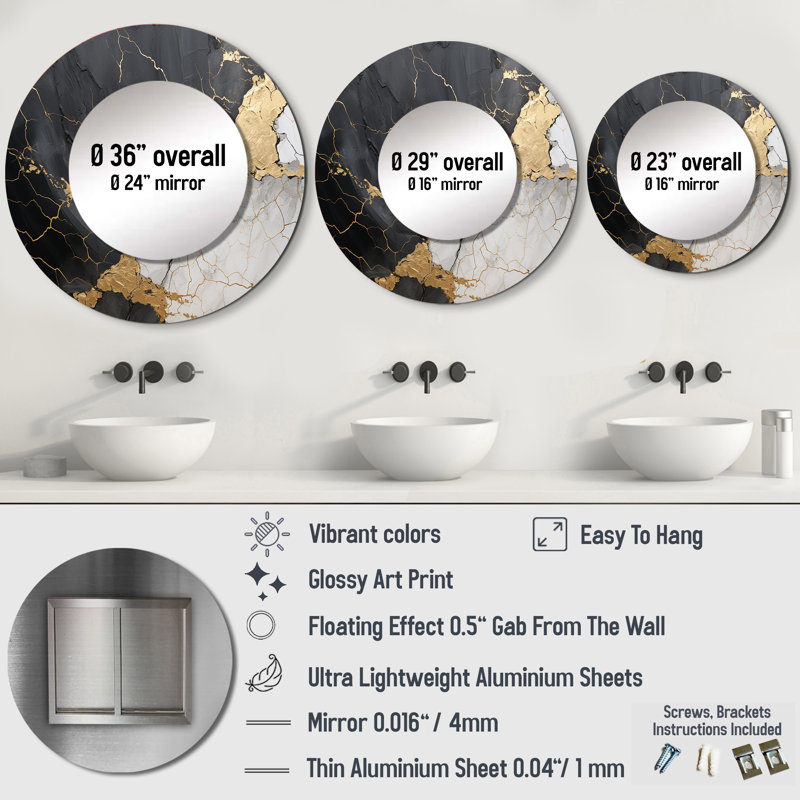 Black Gold Adorned Poteries III - Abstract Spirals Round Mirror Wall Decor_MTMIR107328, 23" x 23"