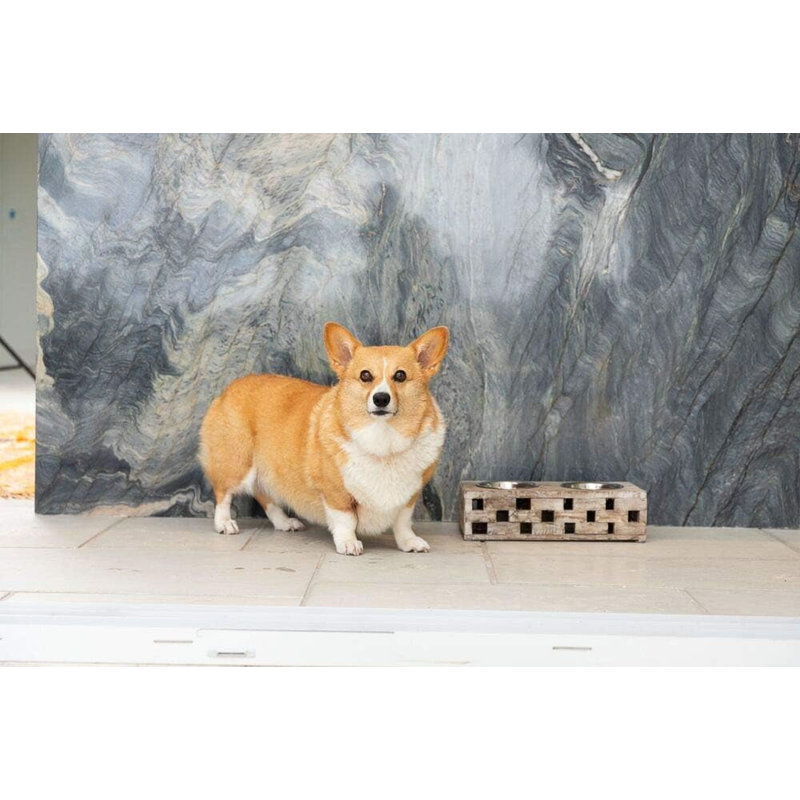 Small Natural Reclaimed Wood Elevated Pet Feeder with Stainless Steel Bowls