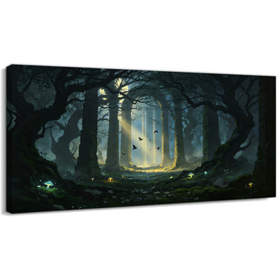Art mural d'Halloween sorcière d'Halloween - impression gothique fantaisie sombre avec des corbeaux, image de forêt effrayante pour décoration murale d'Halloween, salon ou chambre à coucher, toile tendue avec cadre en pin, 12 po x 24 po