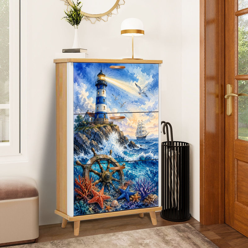 Shoe Storage Cabinet with 3 Flip Drawers for Lighthouse Ocean Wave Starfish Nautical Elements Watercolor Style Shoe Rack Storage Organizer