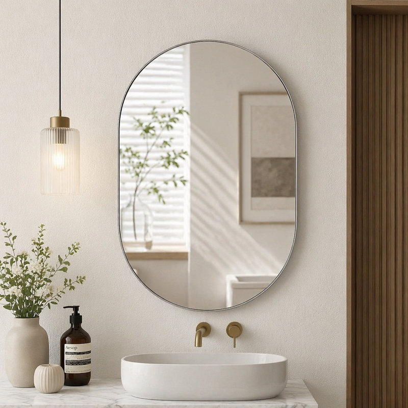 Miroir ovale en métal, 20 x 28 po, Argent
