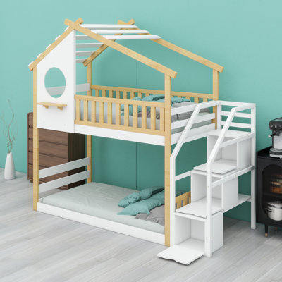 Stairway Bunk Bed with Integrated House Design, Storage Compartments, and Safety Guard Rails