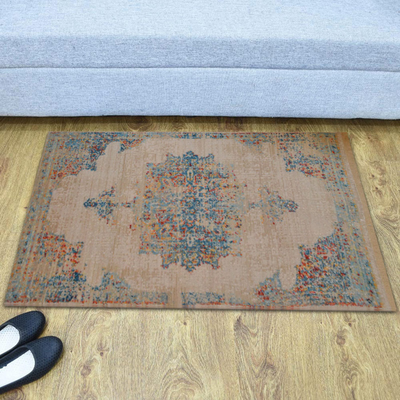 Tapis bleu / beige en polyester oriental tissé à la machine 2 pi x 3 pi 10 po