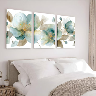Ensemble de 3 tableaux muraux sur toile tendue, aquarelle florale bleue, pour salon, chambre et décoration intérieure
