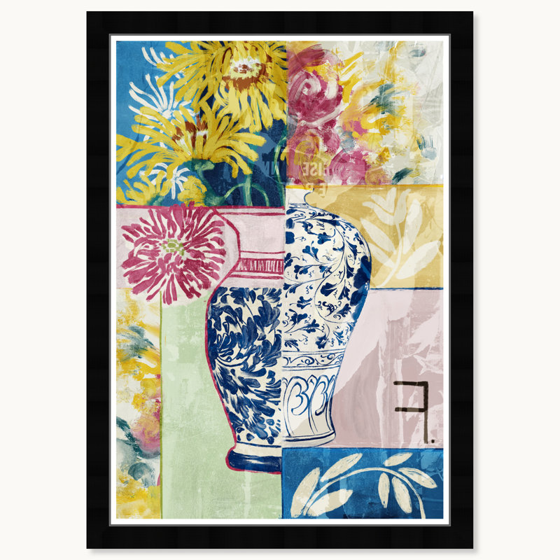 Floral Collage Print on Canvas with Black Satin Frame, 15" x 21"
