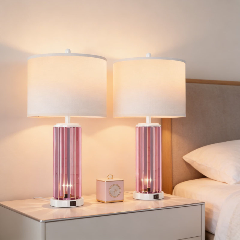 Ensemble de 2 lampes de table modernes en cristal avec veilleuse et deux ports USB A + C, lampes de chevet pour chambre à coucher ou salon avec abat-jour tambour blanc, comprenant des ampoules DEL