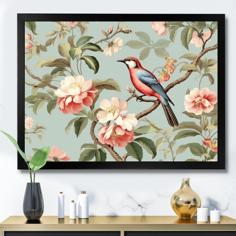 Chinoiserie avec oiseaux et pivoines - impression sur toile florale, H 24 po x l 24 po x P 1 po, Cadre simple noir