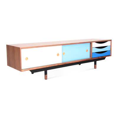 Armoire de télévision rétro bleue 1955, placage de noyer naturel sur pieds, pieds en acier inoxydable noir, pieds en bois massif, tiroirs laqués pour une armoire principale avec beaucoup d'espace