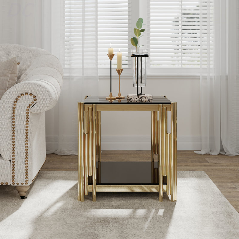 Table basse 23 po carrée en acier inoxydable et verre noir et doré