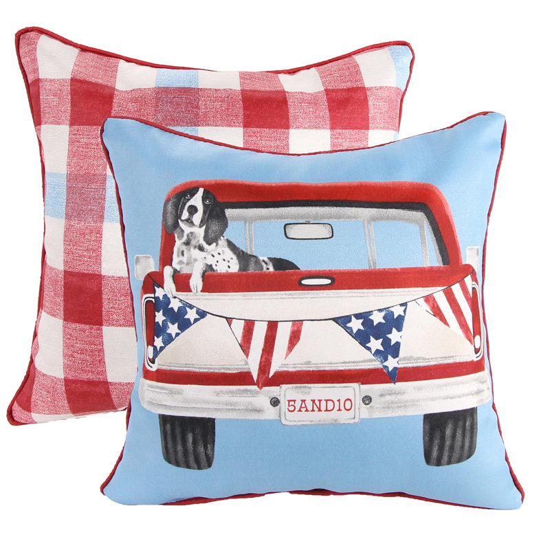 18" x 18" Outdoor Throw Pillow with Welt, Patriotic Dog Truck Reversible