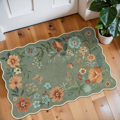 Tapis floraux pour le vestibule, tapis de cuisine lavables 2X3, tapis doux ultra-mince, tapis de porte intérieur antidérapant antidérapant Boho pour tapis de salle de bain (2X3pi, vert)