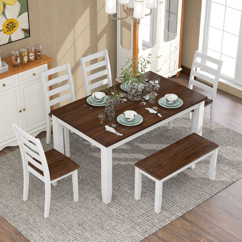 Ensemble de table de salle à manger de style rustique 6 pièces avec 4 chaises ergonomiques et un banc (noyer + blanc chalet)