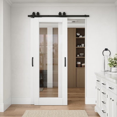 Porte standard préfinie à un vitrage clair de 48 po x 80 po avec ensemble de quincaillerie pour porte coulissante de style grange, idéale pour le garde-manger et le placard.