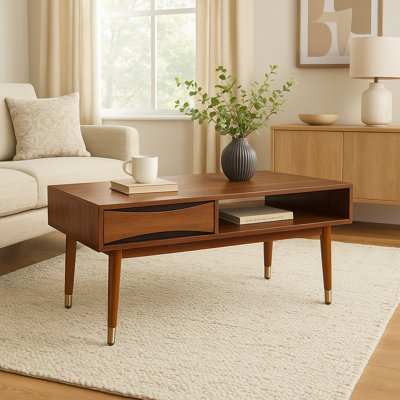Sabornton 40" Mid-Century Modern Coffee Table with Storage Shelf, Walnut Finish and Brass Leg Tips