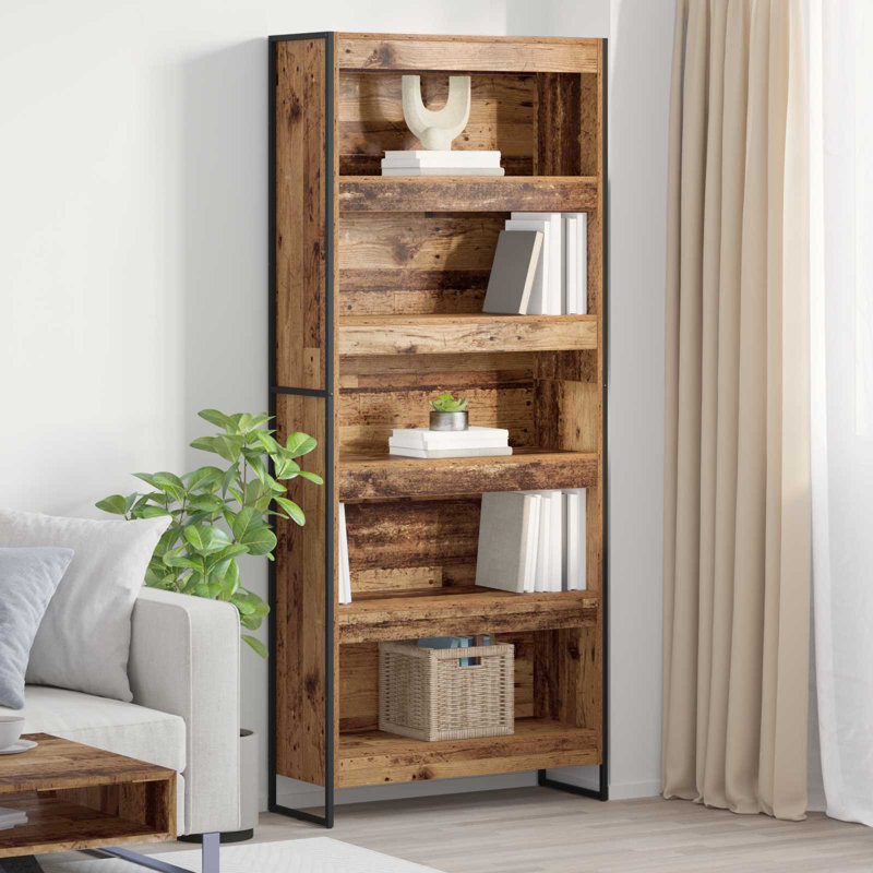 Steel Book Cabinet Bookcase, (5 Shelves) 190cm. H x 80cm. W x 30cm. D, Old Wood