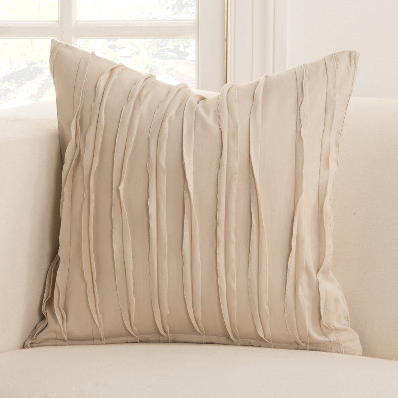 Tattered Ruffled Cotton Throw Pillow, 16" x 16", Almond