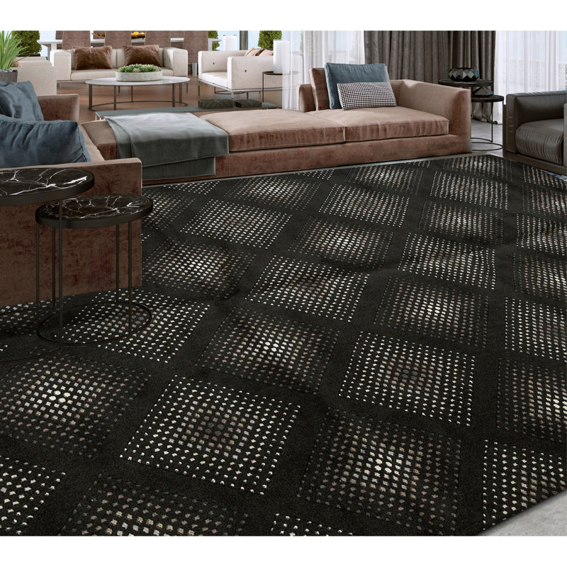 Wool Geometric Area Rug in Black
