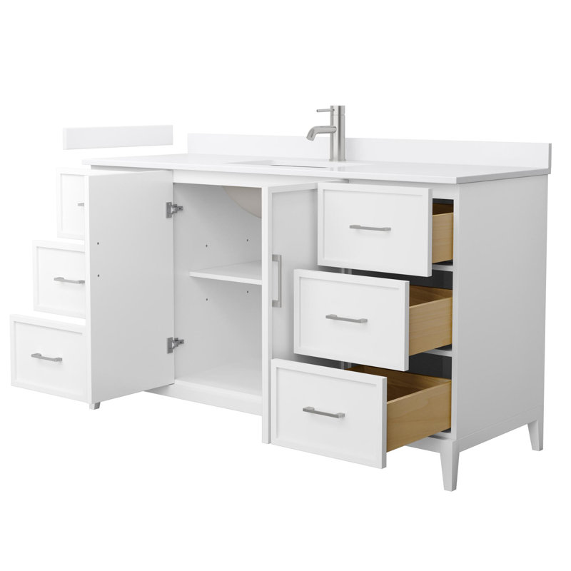 Meuble-lavabo simple 60 po Elan en chêne blanc, plateau en marbre de culture blanc, bordure en nickel, Blanc, Nickel brossé