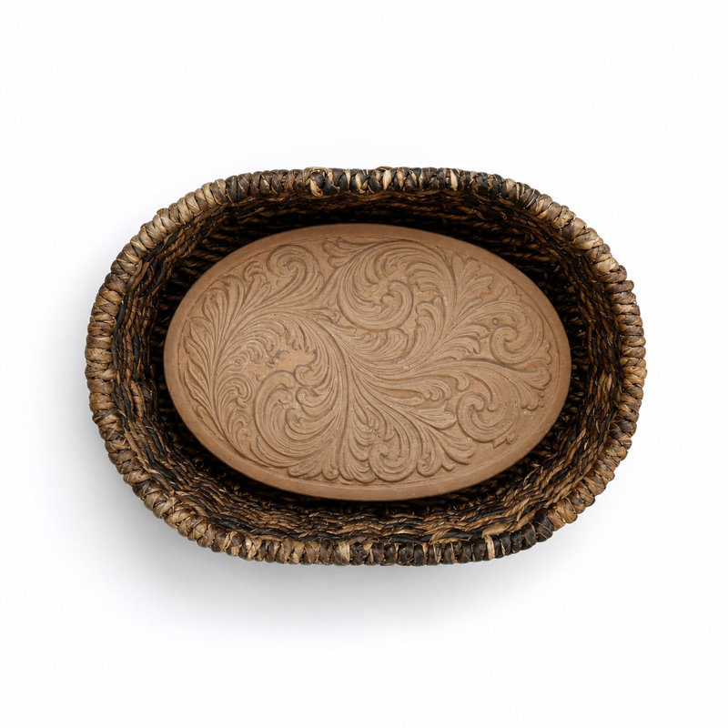 Eangee Handwoven Abaca Bread Warmer Basket with Terracotta Warming Stone, Scroll, Oval, Brown