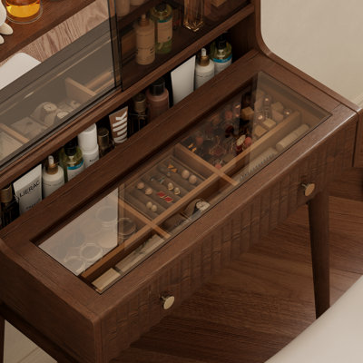 Coiffeuse de maquillage avec portes miroir coulissantes - plateau en verre, rangement caché, prise de courant encastrée