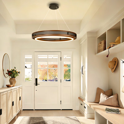 24-in Modern Single-ring Round Dimmable Led Farmhouse Walnut Dining Room Chandelier - Suitable For Entryway, Kitchen, Foyer & Living Room