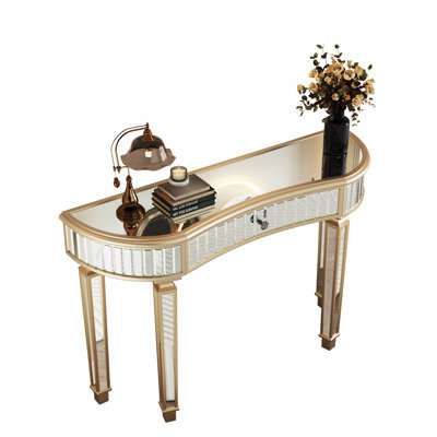 47" Half-Moon Mirrored Console Table With Fluted Glass & Crystal Knob Drawer - Entryway Vanity Desk For Bedroom/Dressing Room by Everly Quinn