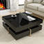 Table basse moderne à haute brillance avec 4 tiroirs, table basse carrée multi-rangement avec pieds en grain de bois, table centrale