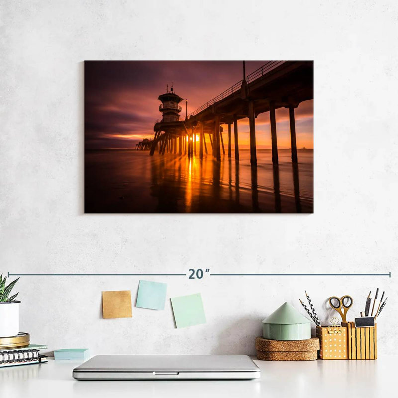 Coucher de soleil à Huntington Beach Pier, H 8 po x l 12 po