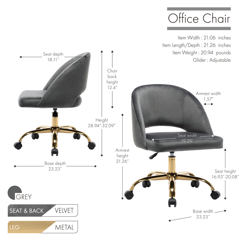 Shauna Velvet Office Chair, Grey