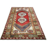 One-of-a-Kind Hand-Knotted 1960s 5'3" x 8'6" Wool Area Rug in Red/White/Beige/Gray