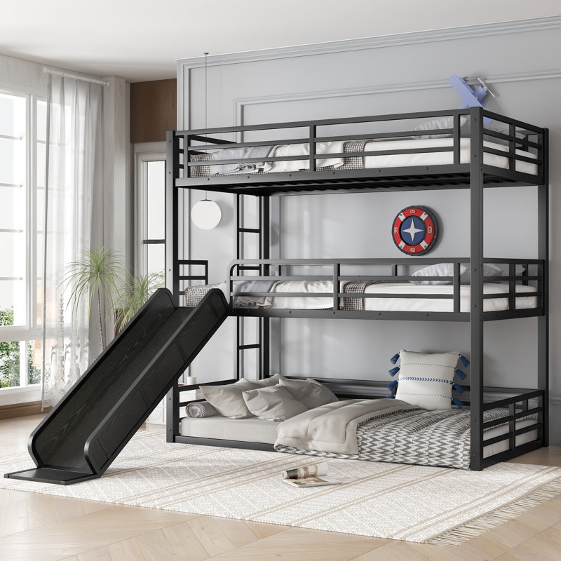 Twin XL over Twin XL over Twin XL Bunk Bed with Slide, Metal Triple Bunk Bed with Safety Guardrails — Heavy-Duty, Noise-Reducing, Space-Saving Black Bunk Bed