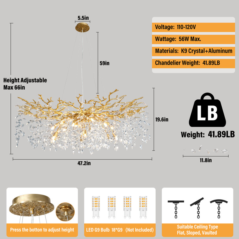 Paree Dimmable Crystal Chandelier, Gold, 17.7" H x 47.2" W x 47.2" D