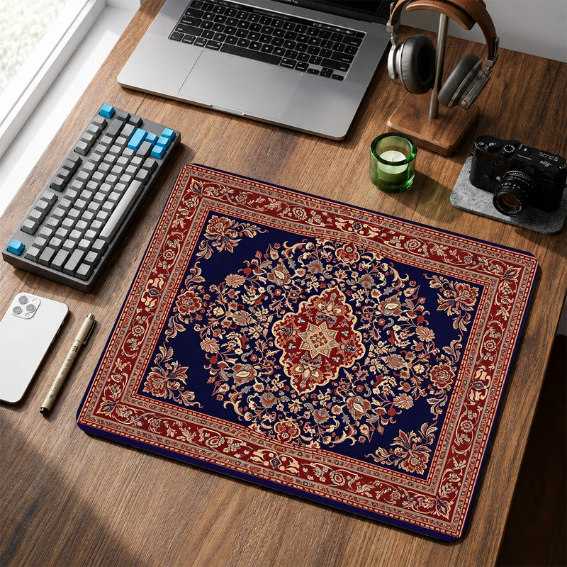  Tapis de souris en caoutchouc, surface en microfibre lisse, base antidérapante, tapis de souris décoratif à bord arrondi pour le bureau et les jeux, 12 po x 8 po, design persan rouge marine