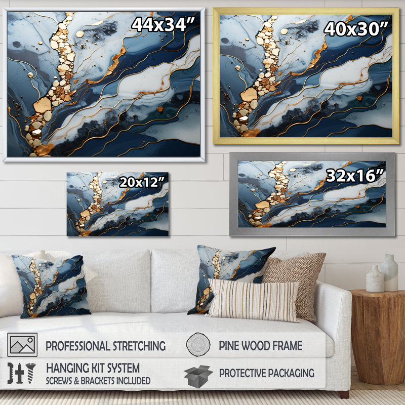 Blue and Gold Marble river II - Abstrait marbré, impressions sur toile, Cadre d'angle fermé doré
