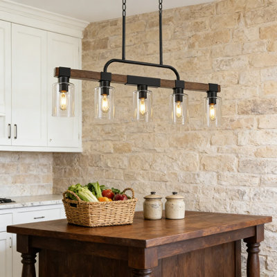 Farmhouse Linear Chandelier With Clear Glass Shades - 5-Light Rustic Kitchen Island Pendant Lighting For Dining Room Over Table, Adjustable Height, Matte Black And Wood Design