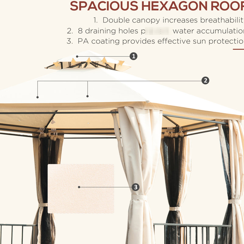 Beige 13' X Gazebo With Reduced Heat - Double Roof Hexagon Outdoor Canopy Netting, Curtains, Solid Steel Frame Patio And Glare Blocking Netting & Frame,