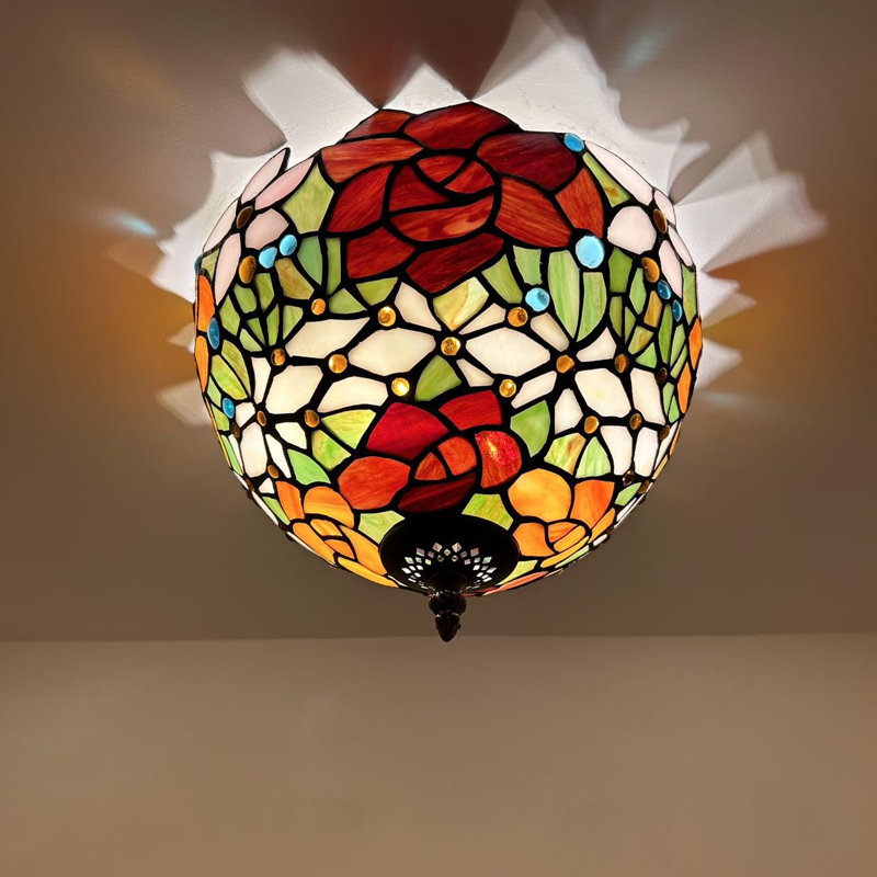 Tiffany Ceiling Lights Fixture Red Orange Stained Glass Rose Flowers LED Bulbs 12”W*12”D*8”H