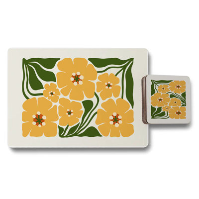 Set Of 12 Floral Yellow Placemats And Coasters With Wood Bottom