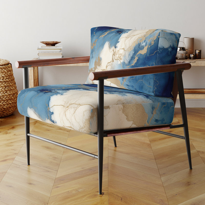 Fauteuil d'appoint rembourré abstrait bleu et or Marble Clouds X, Noir