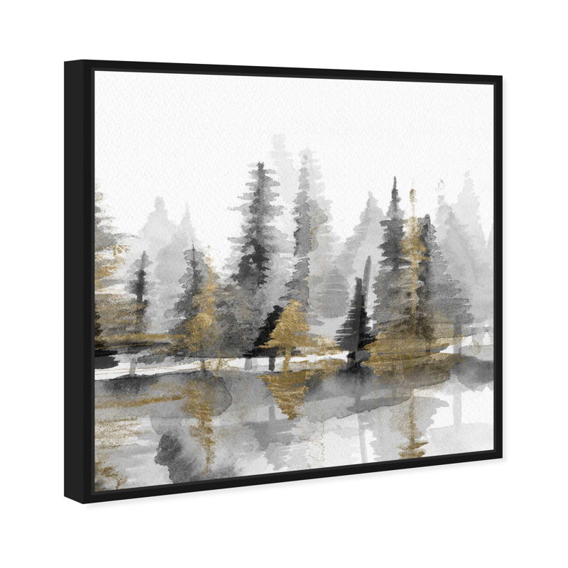 " Golden Reflection III, Forest Lake Reflection " Painting Print, Black Floater Framed, 12" H x 12" W x 1.75" D