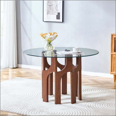 Table de salle à manger ronde en verre trempé, base sculpturale moderne en bois aggloméré Mid-Century, table de cuisine compacte pour 2 à 4 personnes pour les petits espaces