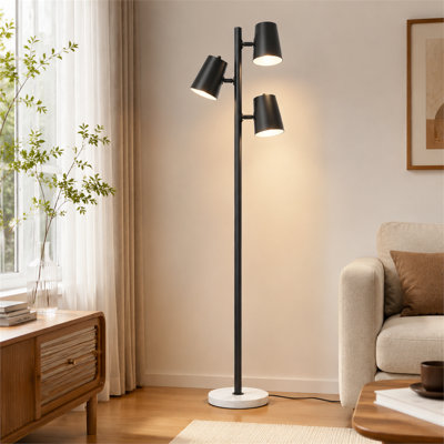 Black 62 Inch 3 Light Modern Floor Lamp with Metal Frame 3 Adjustable 350 Degree Light Heads White Marble Base E26 Sockets and Foot Switch for Living Room Bedroom Study and Office Bulbs Not Included
