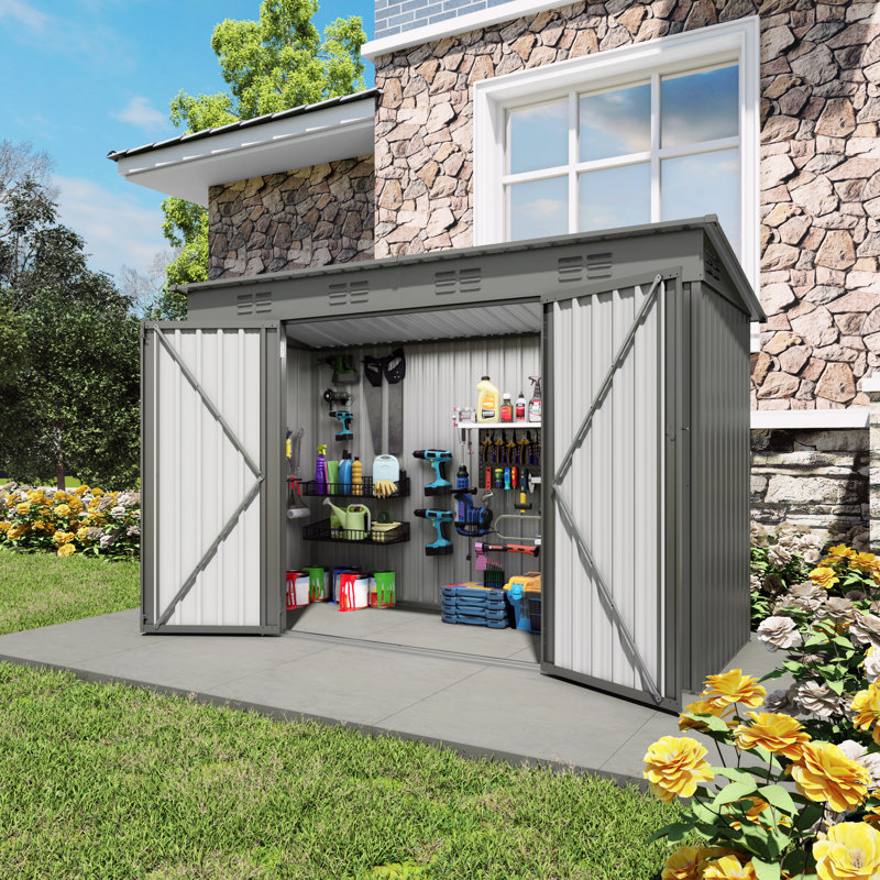 Gray Metal 4x9 Ft Garden Storage Shed With Sloping Roof And 6 Vents, Two Swing Doors For Easy Access, Great Organizing Tools Equipment Roof, Vents 2 Doors, To Wind, Keeps Safe