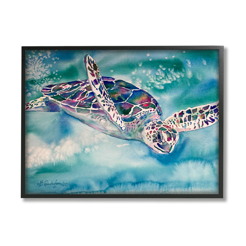 Sea Turtle Swimming Ocean Watercolor Print in Black Frame