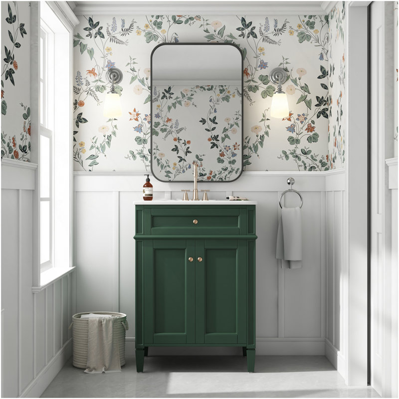 Meuble-lavabo 24 po avec 2 portes et tiroir escamotable, armoire de rangement de salle de bain avec lavabo, portes à fermeture en douceur avec organisateurs